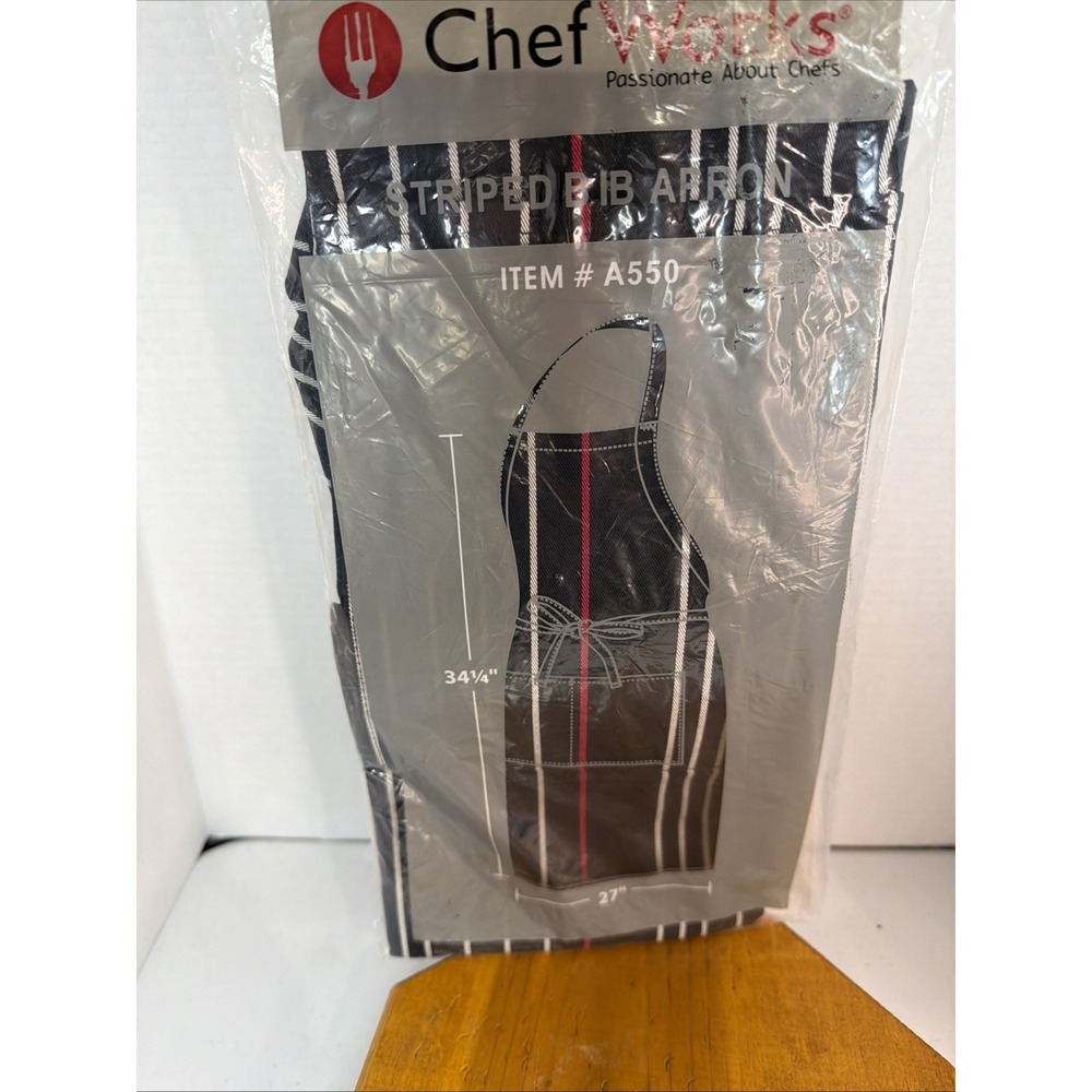 Chef Works Unisex Striped Bib Apron One Size Blk W/ Wht & Red - Picture 7 of 7